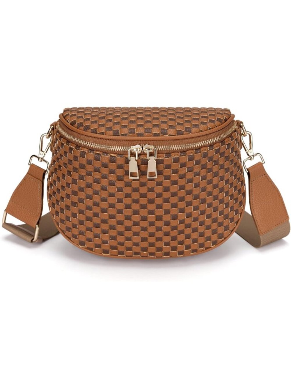 Woven Leather Crossbody Bag for Women | Checkered Bum Bag with Zipper Closure